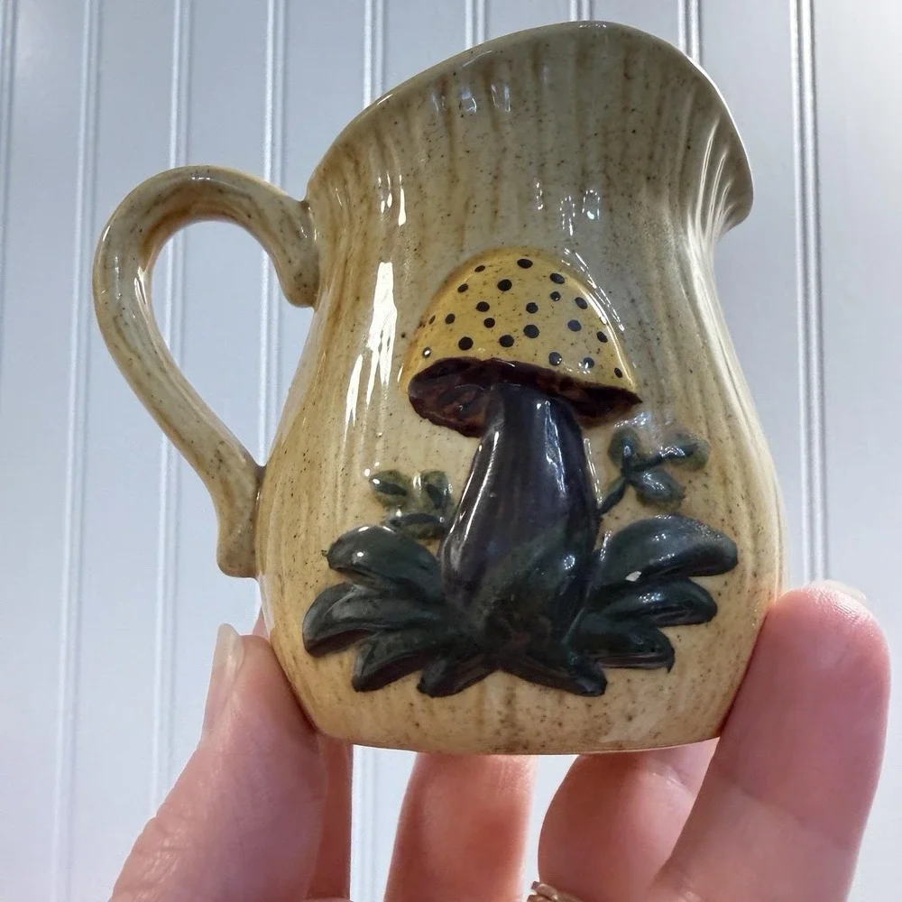 1970s Mushroom Painted Yellow Ceramic Mini Pitcher Creamer 3